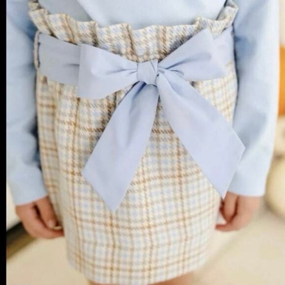 The Beaufort Bonnet Company Beasley Bow Skirt Blue Tan Woven Yarn Girl’s Size 10 - Picture 1 of 9